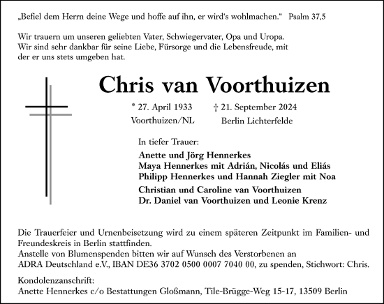 Traueranzeige von Chris  van Voorthuizen von Dill Block