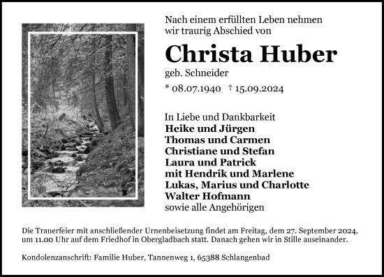 Traueranzeige von Christa Huber von Wiesbadener Kurier