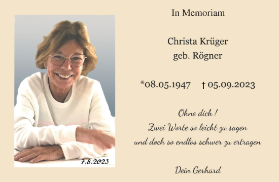 Traueranzeige von Christa Krüger von Allgemeine Zeitung Mainz