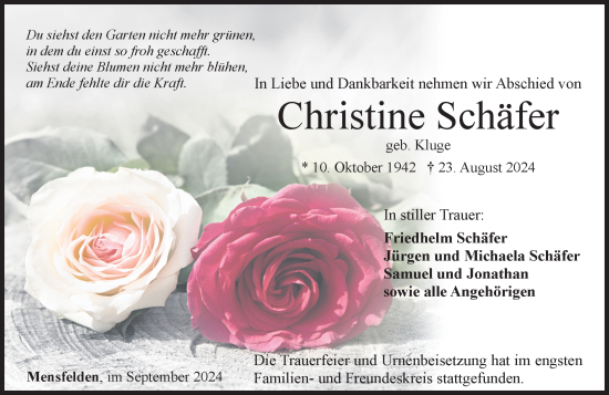 Traueranzeige von Christine Schäfer von Nassauische Neue Presse