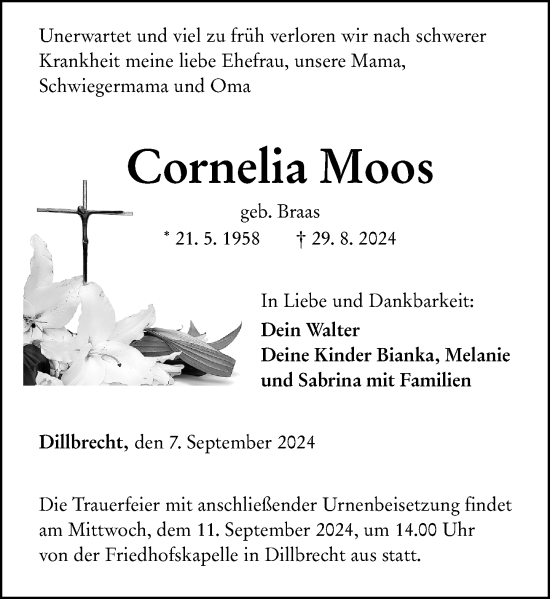 Traueranzeige von Cornelia Moos von Dill Block