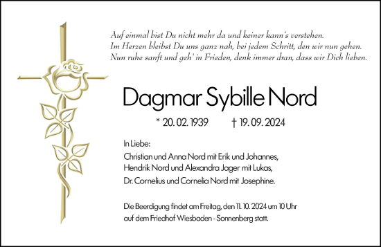 Traueranzeige von Dagmar  Nord von Wiesbadener Kurier