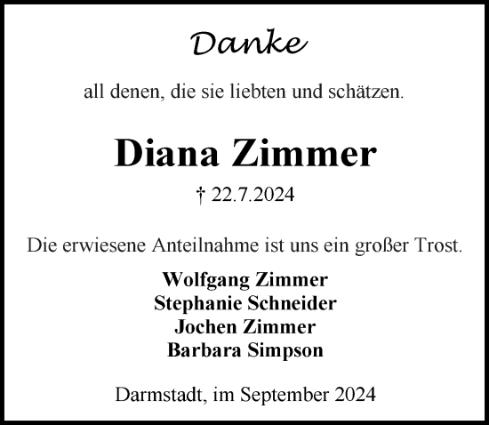 Traueranzeige von Diana Zimmer von Darmstädter Echo