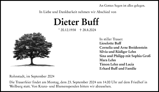 Traueranzeige von Dieter Buff von Weilburger Tageblatt