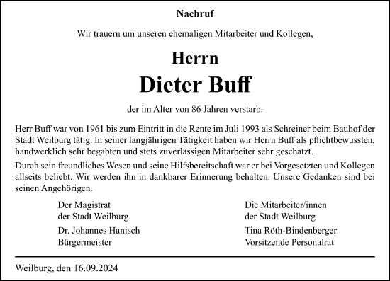 Traueranzeige von Dieter Buff von Weilburger Tageblatt