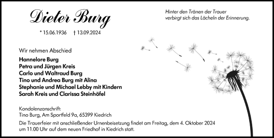 Traueranzeige von Dieter Burg von Wiesbadener Kurier