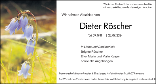Traueranzeige von Dieter Röscher von Dill Block