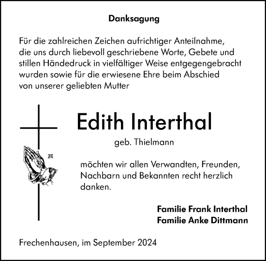 Traueranzeige von Edith Interthal von Hinterländer Anzeiger