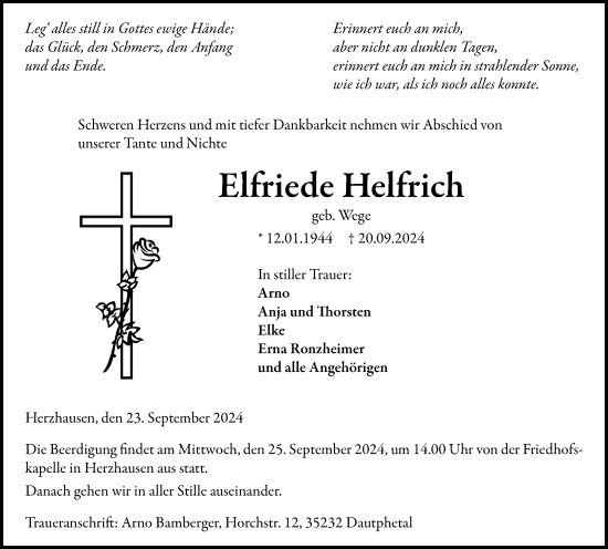 Traueranzeige von Elfriede Helfrich von Hinterländer Anzeiger