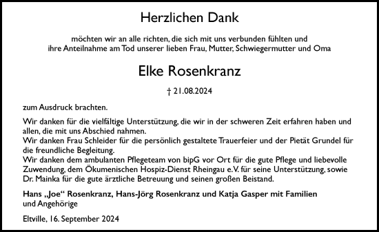 Traueranzeige von Elke Rosenkranz von Wiesbadener Kurier