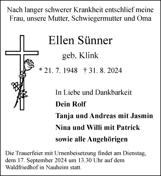 Traueranzeige von Ellen Sünner von Rüsselsheimer Echo