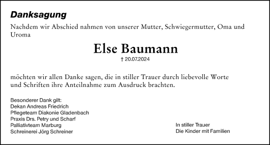 Traueranzeige von Else Baumann von Hinterländer Anzeiger
