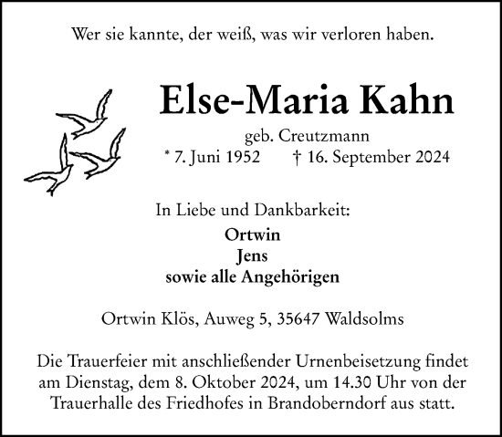 Traueranzeige von Else-Maria Kahn von Wetzlarer Neue Zeitung