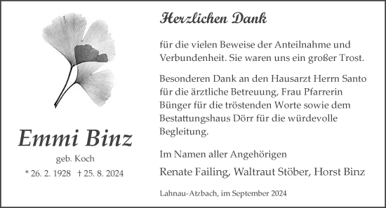 Traueranzeige von Emmi Binz von Wetzlarer Neue Zeitung