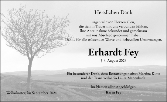 Traueranzeige von Erhardt Fey von Weilburger Tageblatt