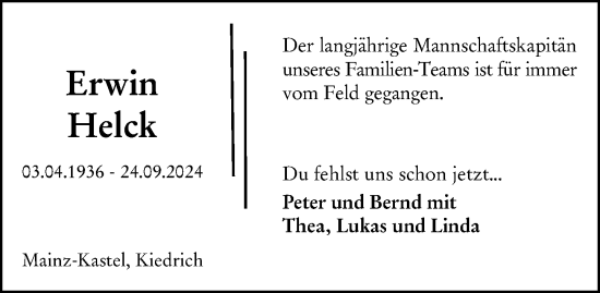 Traueranzeige von Erwin Helck von Wiesbadener Kurier
