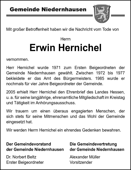 Traueranzeige von Erwin Hernichel von Idsteiner Land/Untertaunus