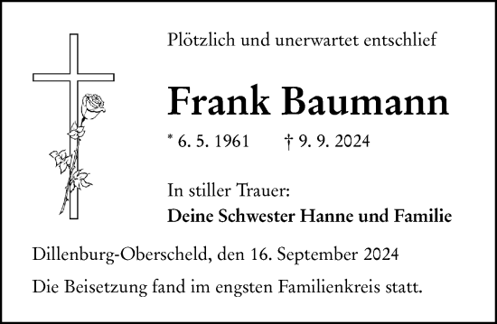 Traueranzeige von Frank Baumann von Dill Block
