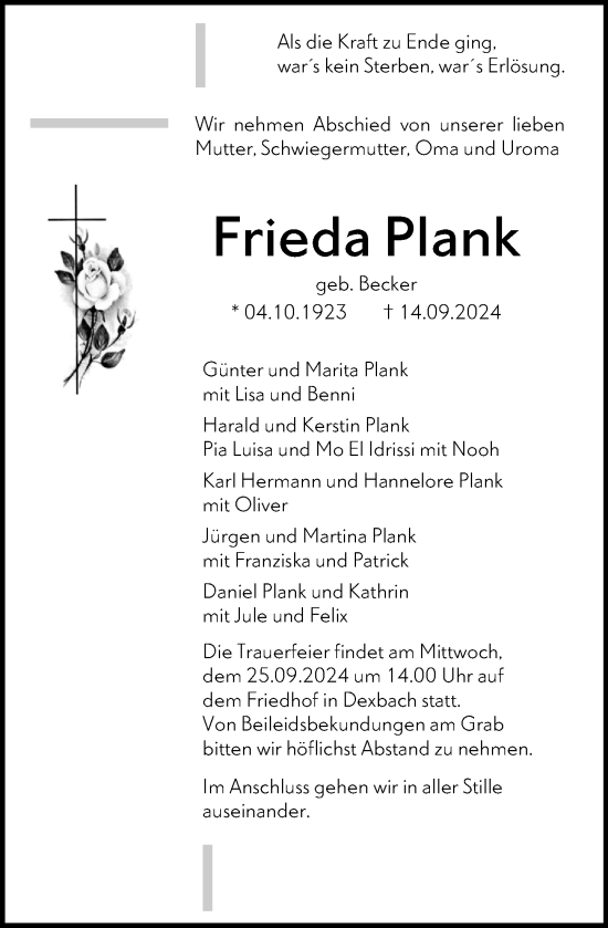 Traueranzeige von Frieda Plank von Hinterländer Anzeiger
