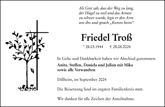 Traueranzeige von Friedel Troß von Wetzlarer Neue Zeitung
