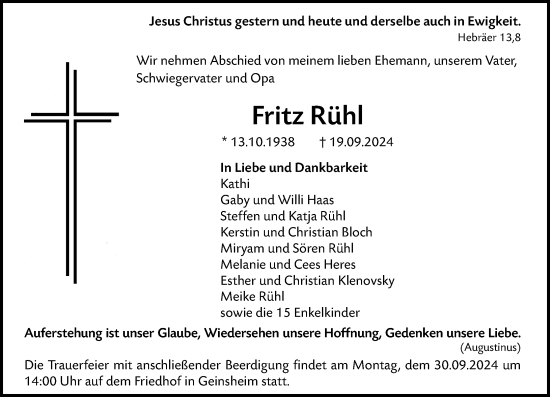 Traueranzeige von Fritz Rühl von Groß-Gerauer Echo