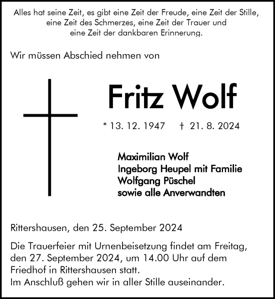Traueranzeige von Fritz Wolf von Dill Block