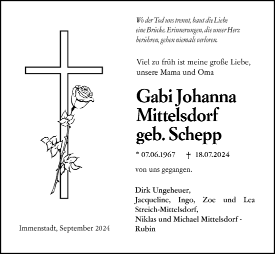 Traueranzeige von Gabi Johanna Mittelsdorf von Wetzlarer Neue Zeitung