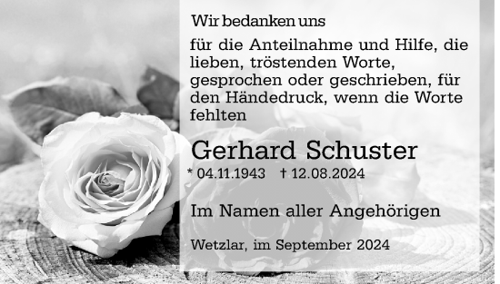 Traueranzeige von Gerhard Schuster von Wetzlarer Neue Zeitung