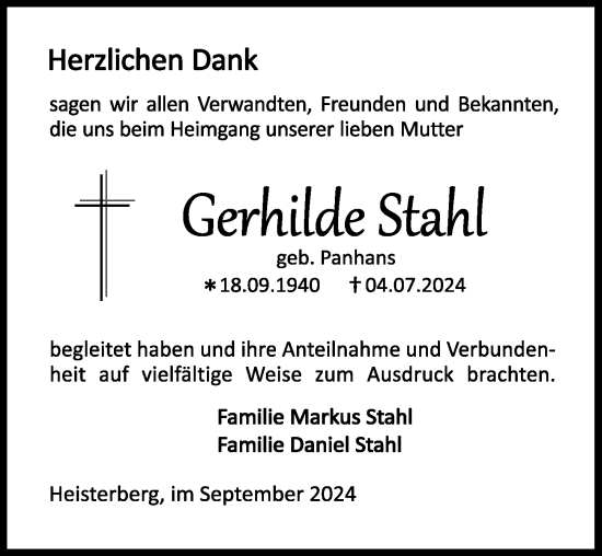 Traueranzeige von Gerhilde Stahl von Dill Block