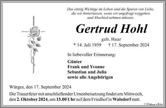 Traueranzeige von Gertrud Hohl von Camberger Anzeiger