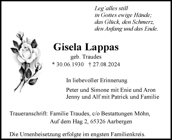 Traueranzeige von Gisela Lappas von Wiesbadener Kurier