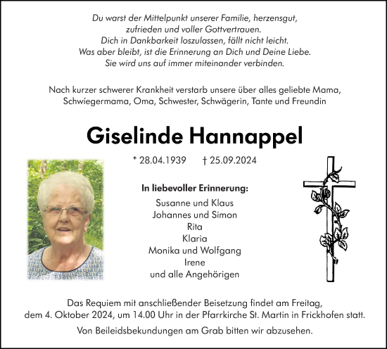 Traueranzeige von Giselinde Hannappel von Nassauische Neue Presse