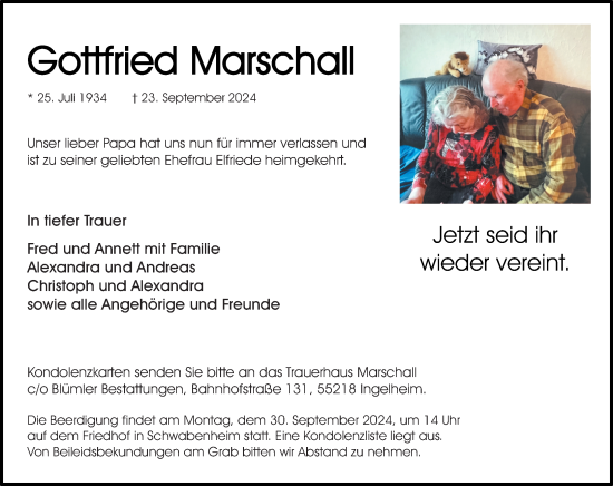 Traueranzeige von Gottfried Marschall von Allgemeine Zeitung Rheinhessen-Nahe