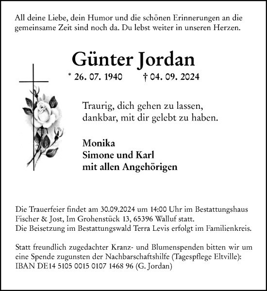 Traueranzeige von Günter Jordan von Wiesbadener Kurier
