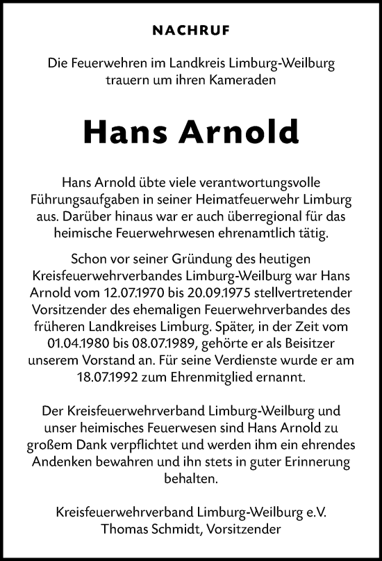 Traueranzeige von Hans Arnold von Nassauische Neue Presse