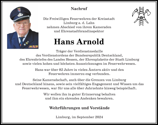 Traueranzeige von Hans Arnold von Nassauische Neue Presse