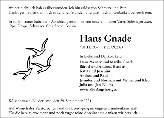 Traueranzeige von Hans Gnade von Wetzlarer Neue Zeitung