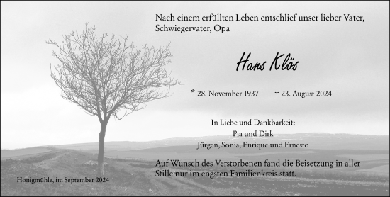 Traueranzeige von Hans Klös von Wetzlarer Neue Zeitung