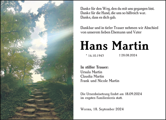 Traueranzeige von Hans Martin von Wormser Zeitung