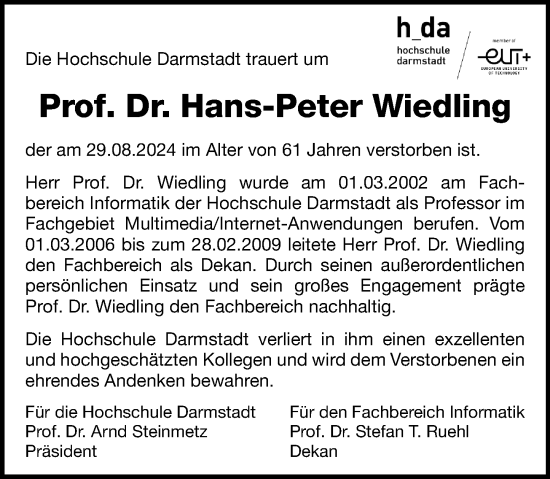 Traueranzeige von Hans-Peter Wiedling von Darmstädter Echo