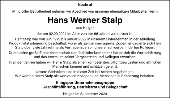 Traueranzeige von Hans Werner Stalp von Dill Block