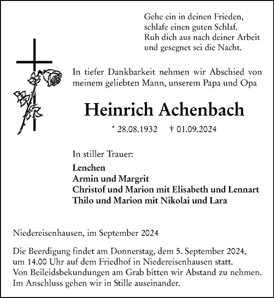 Traueranzeige von Heinrich Achenbach von Hinterländer Anzeiger