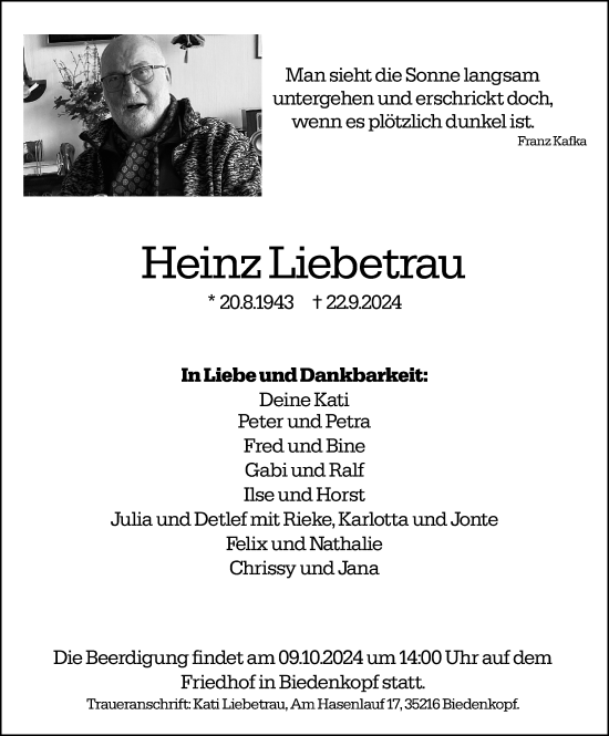 Traueranzeige von Heinz Liebetrau von Hinterländer Anzeiger