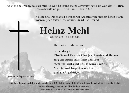 Traueranzeige von Heinz Mehl von Wetzlarer Neue Zeitung
