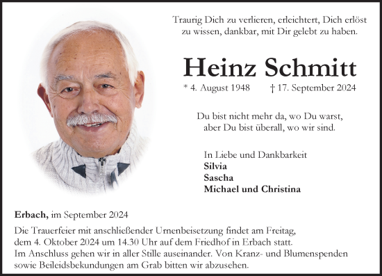 Traueranzeige von Heinz Schmitt von Camberger Anzeiger