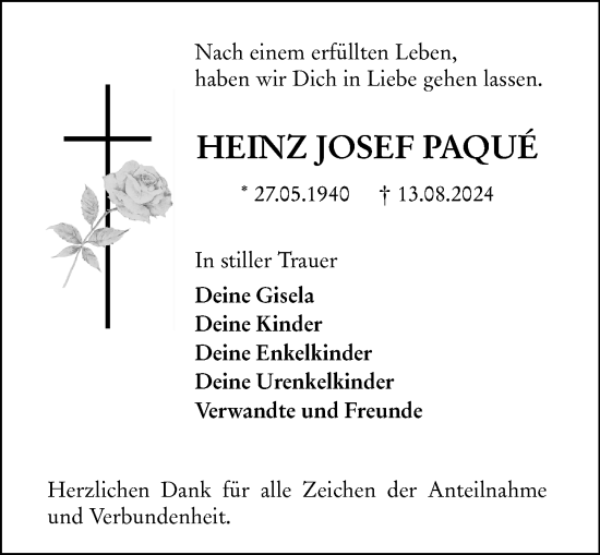 Traueranzeige von Heinz Josef Paque von Wetzlarer Neue Zeitung