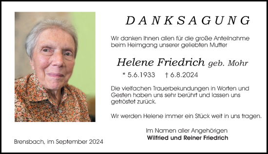 Traueranzeige von Helene Friedrich von Odenwälder Echo