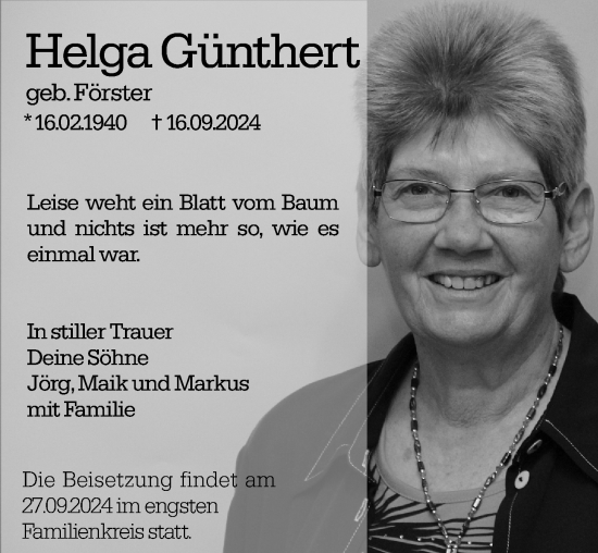 Traueranzeige von Helga Günthert von Wetzlarer Neue Zeitung