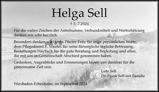 Traueranzeige von Helga Sell von Wiesbadener Kurier