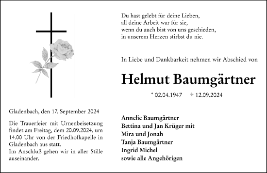 Traueranzeige von Helmut Baumgärtner von Hinterländer Anzeiger